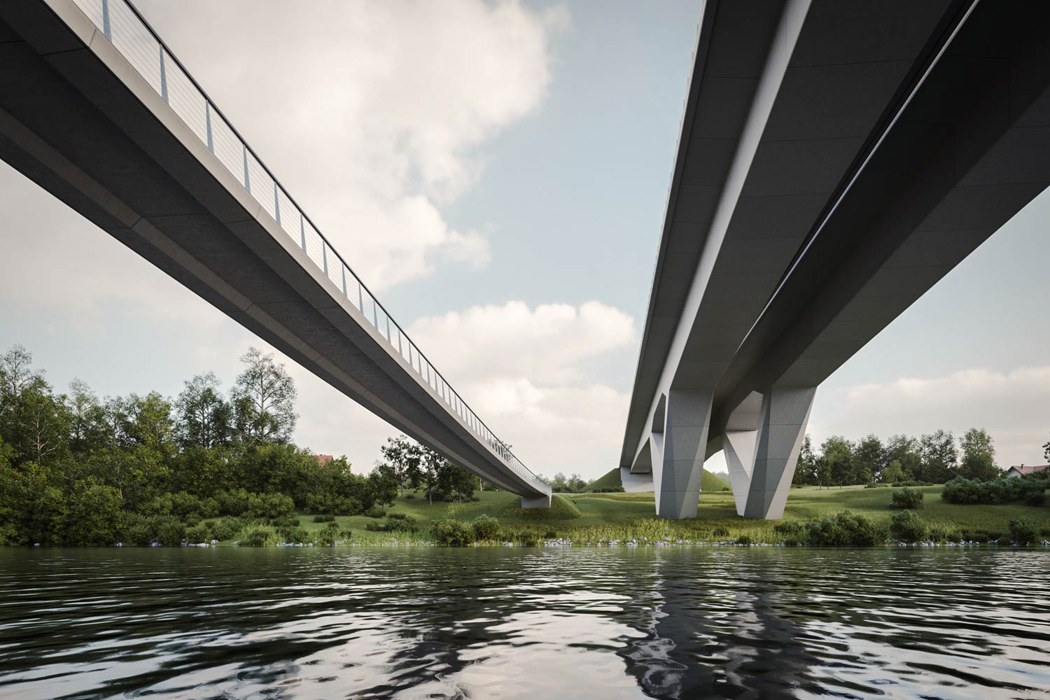 Highway Bridge and parallel Pedestrian Bridge over Krka River