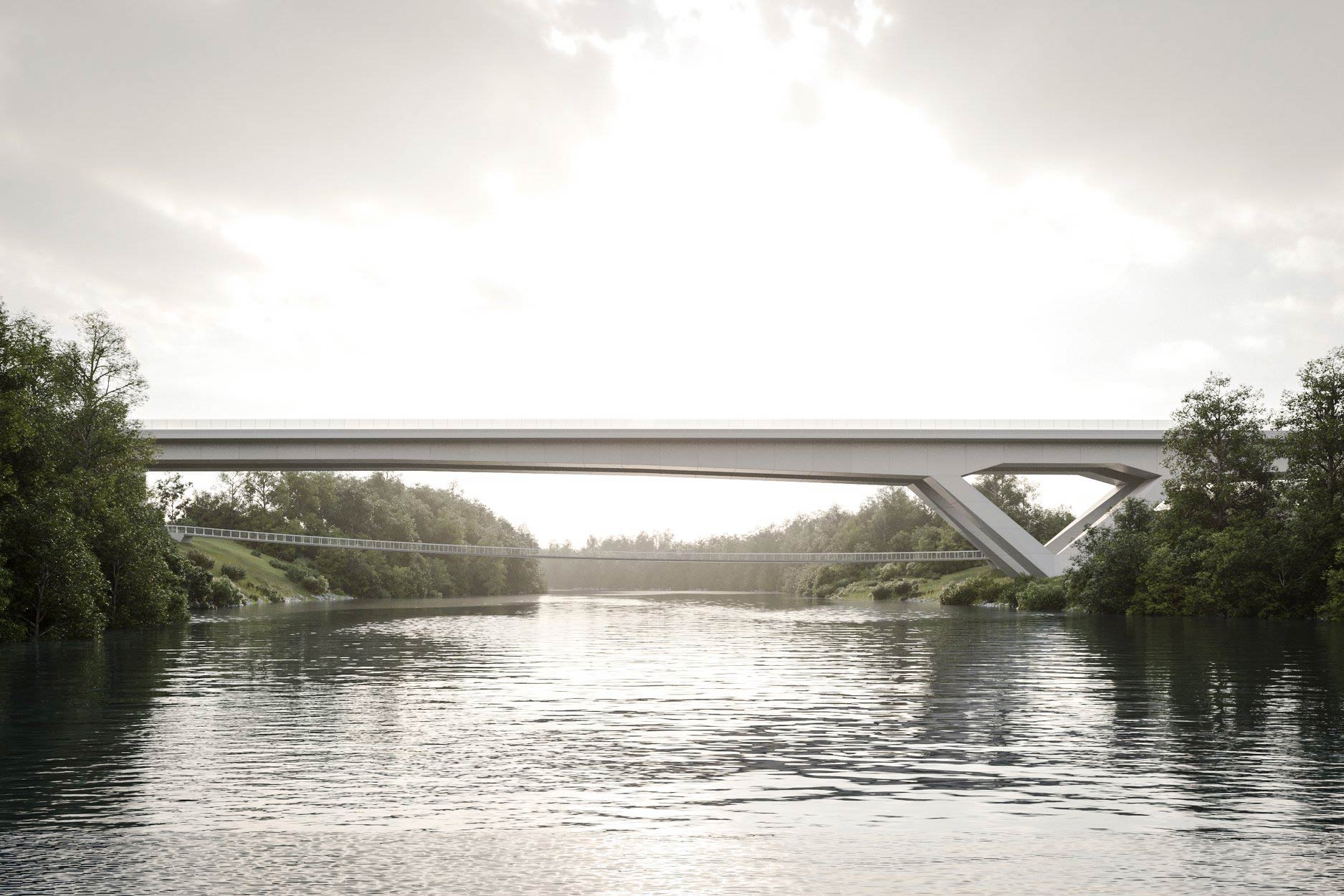 Highway Bridge and parallel Pedestrian Bridge over Krka River