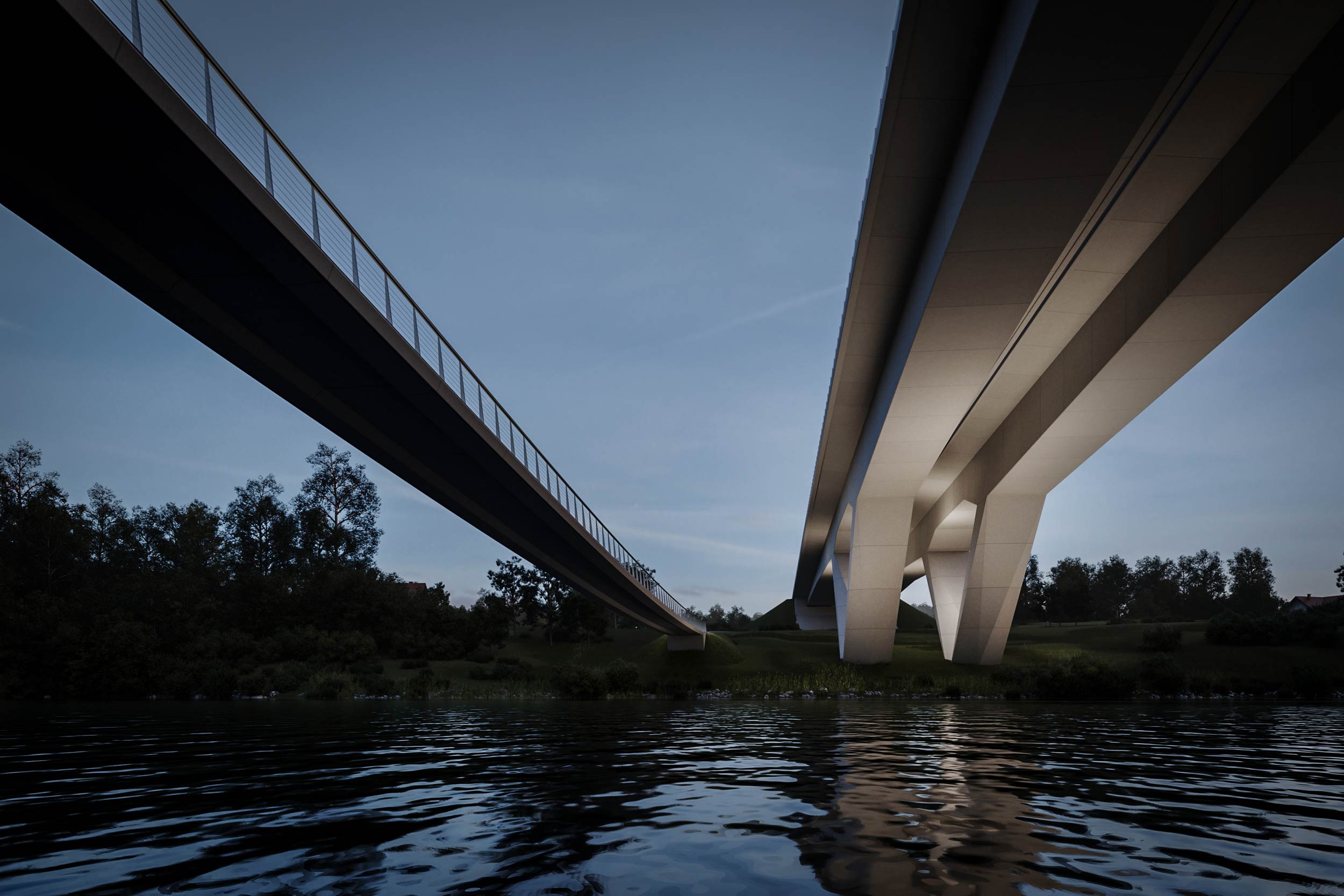 Highway Bridge and parallel Pedestrian Bridge over Krka River