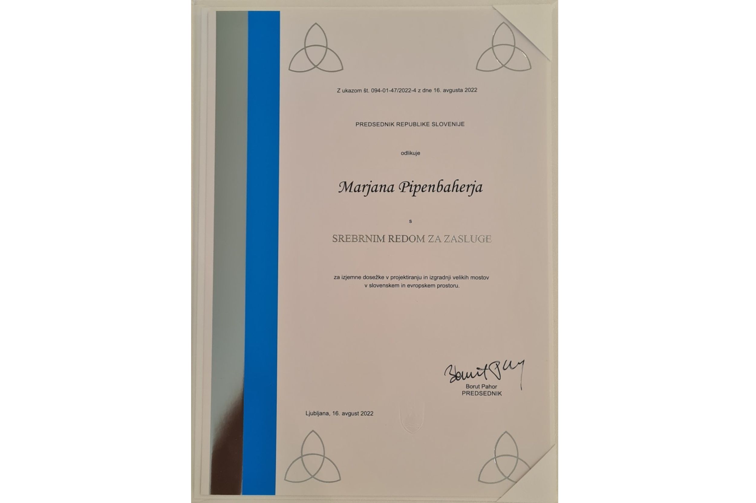 Marjan Pipenbaher received by the President of Slovenia a state award - the Silver Order of Merit