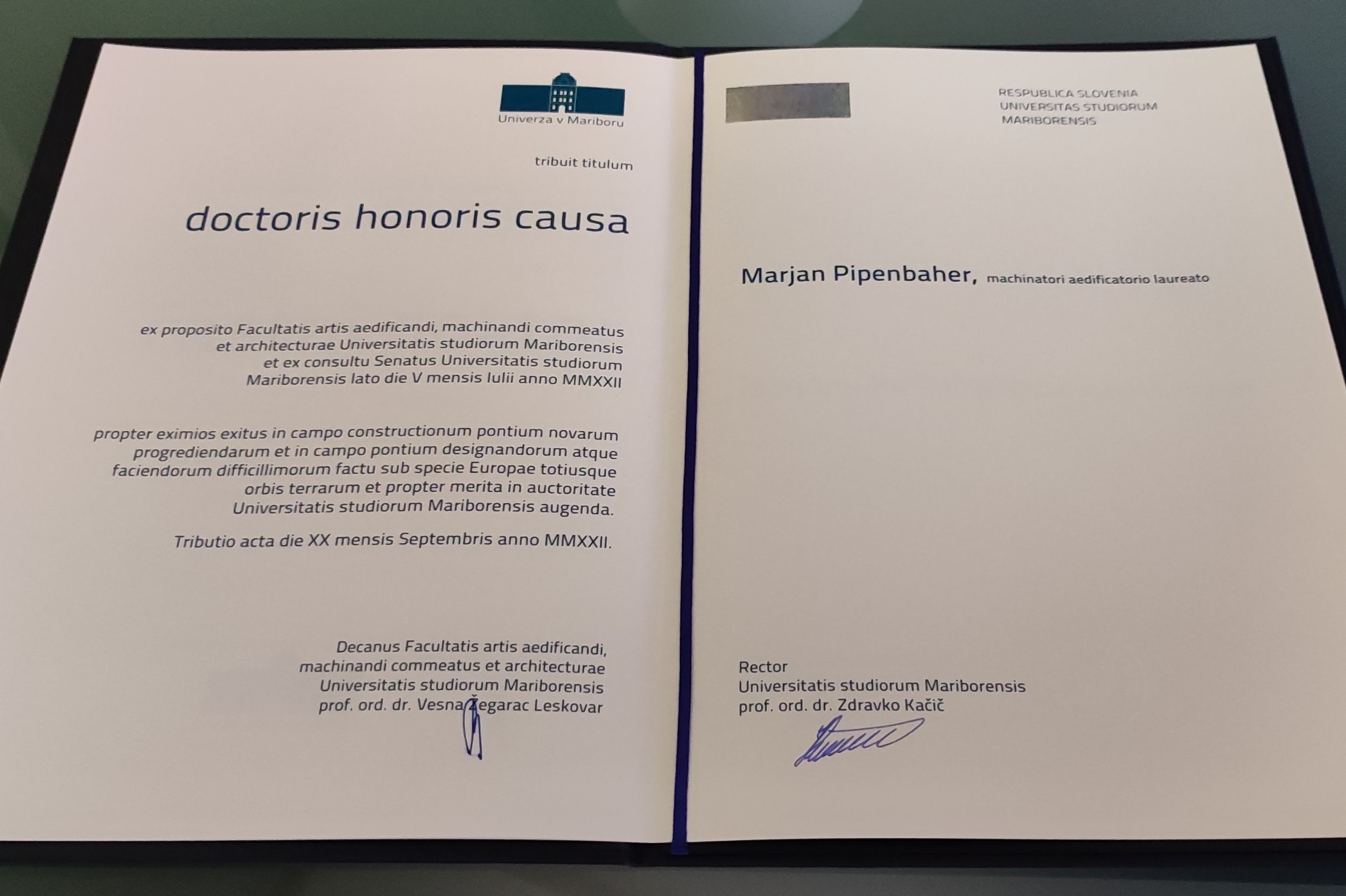 Marjan Pipenbaher received the highest academic recognition – an honorary doctorate