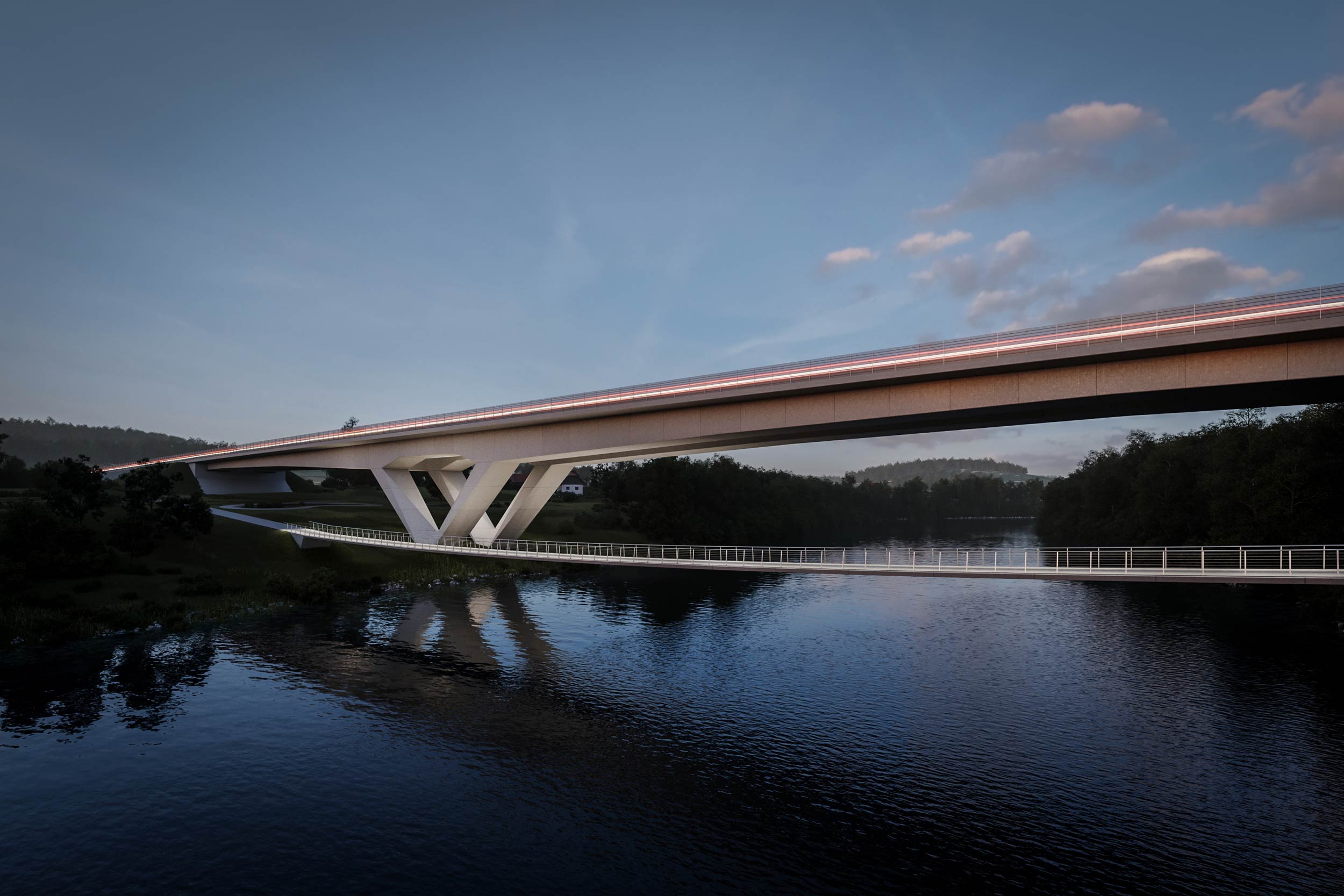 Highway Bridge and parallel Pedestrian Bridge over Krka River